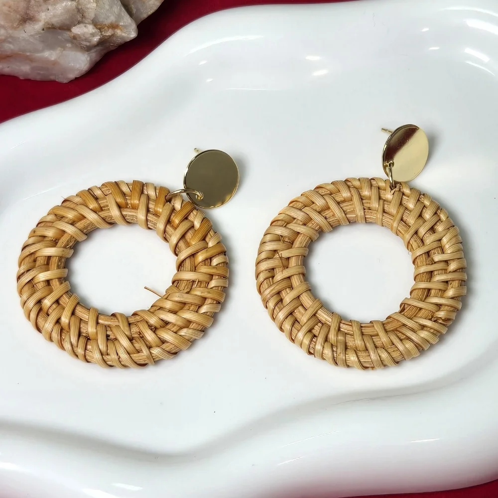 Woven Rattan Hoop Earrings Gold Disc Stud Boho Coastal Resort Statement Jewelry